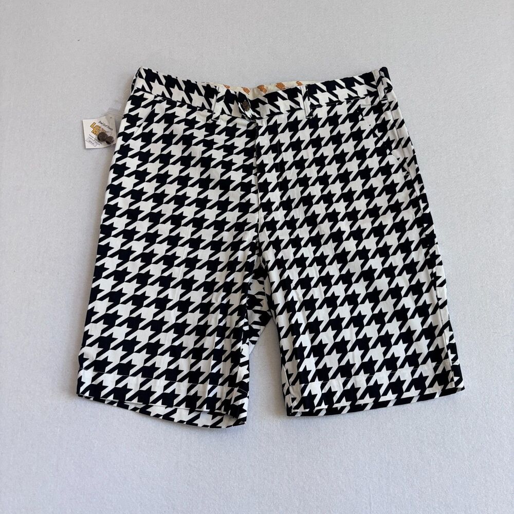 Loudmouth Golf Shorts Men 36 Houndstooth Black White Flat Front Chino 11" Cotton